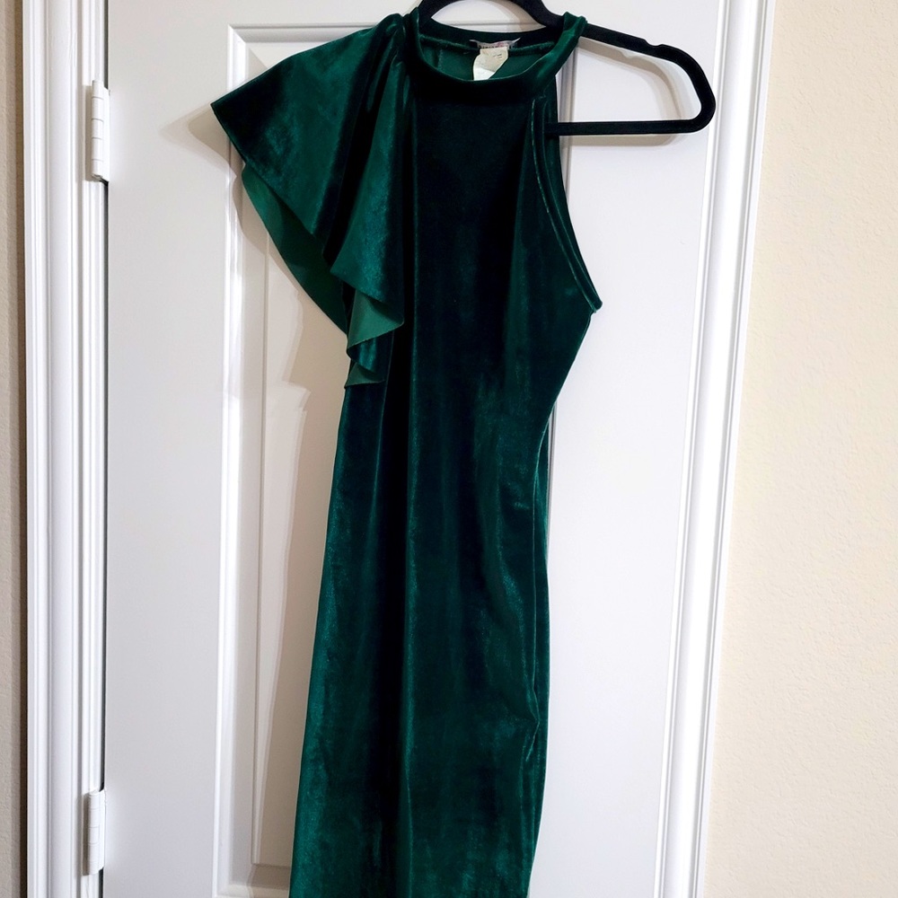 Velvet Jewel Toned One Shoulder Flutter Sleeved Dress